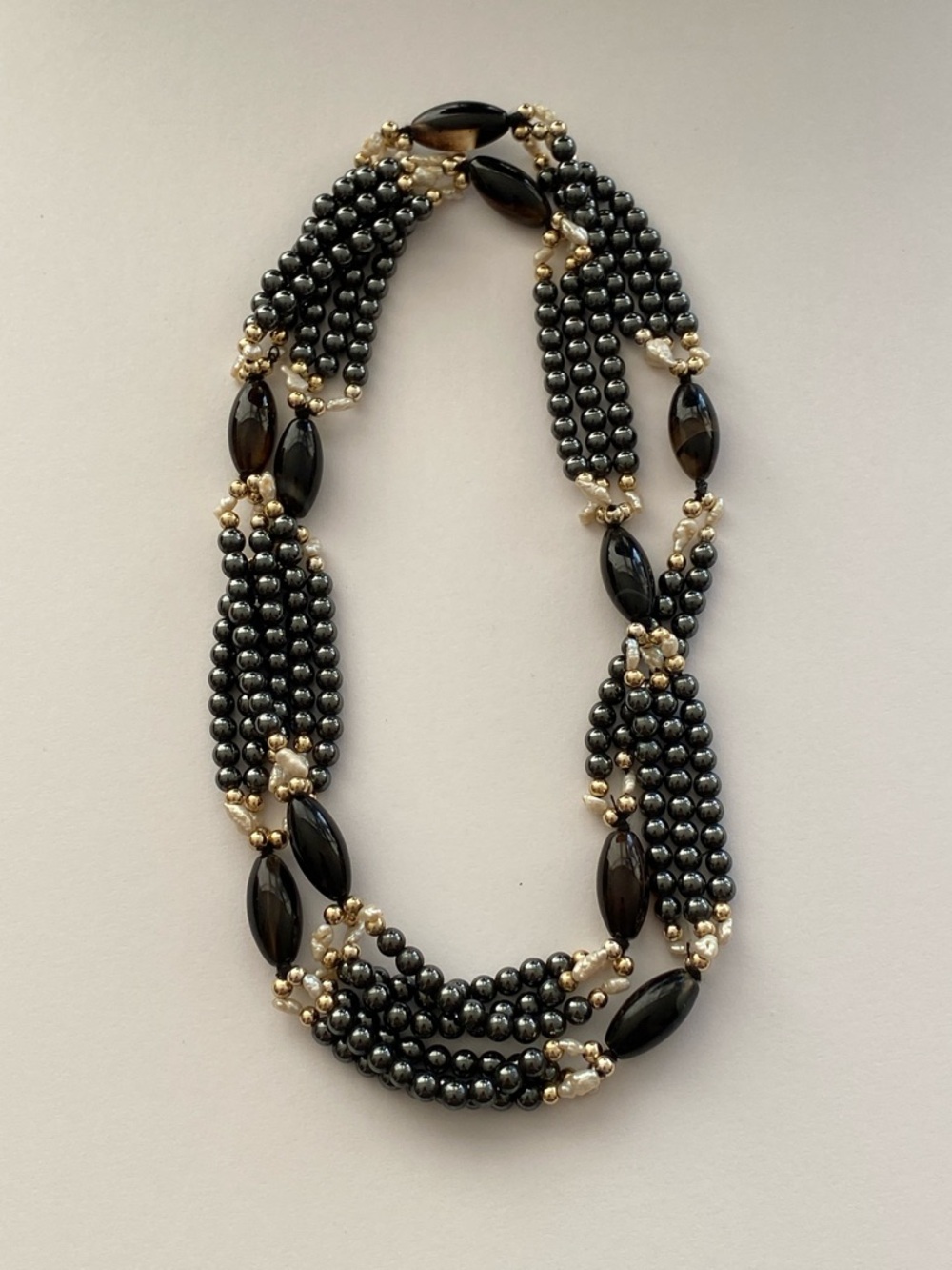 VTG 70s Multi-Strand Liquid Hematite Banded Agate Necklace | Silk Strung | 28"